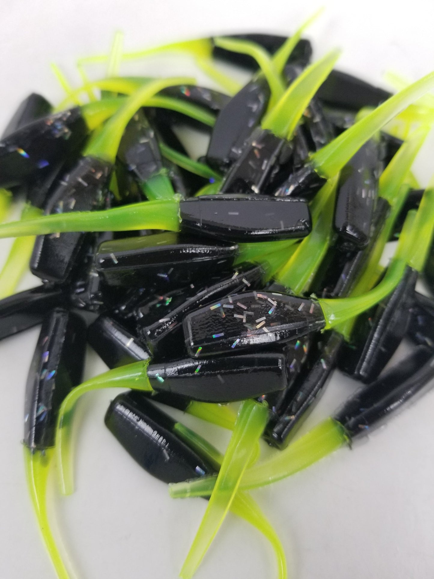 Cam's 2"(HOLOGRAM FLAKE)  Stinger Shad 35pc Black & Chartreuse Crappie Soft Jigs [A Cam's Exclusive]