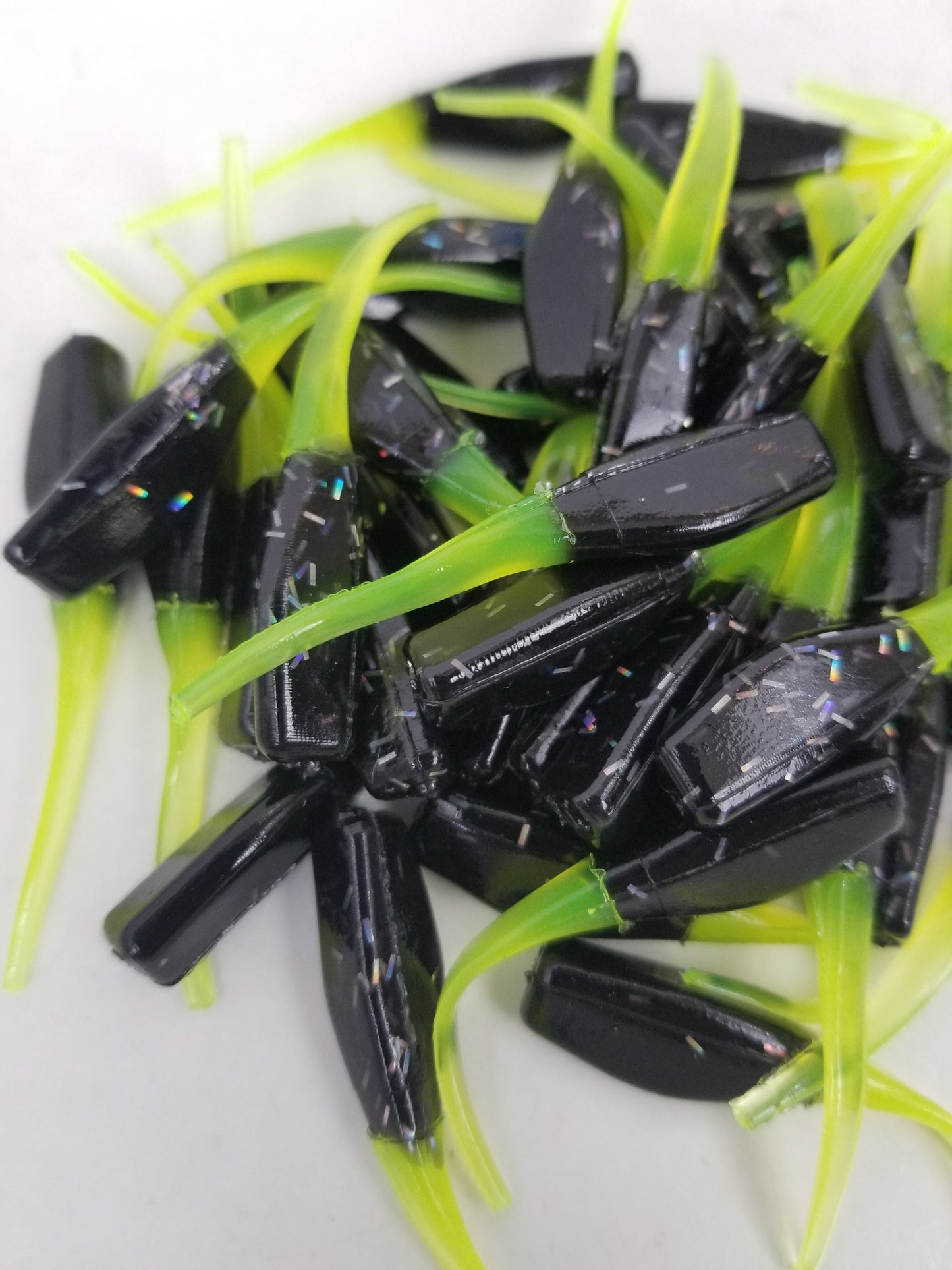 Cam's 2"(HOLOGRAM FLAKE)  Stinger Shad 35pc Black & Chartreuse Crappie Soft Jigs [A Cam's Exclusive]