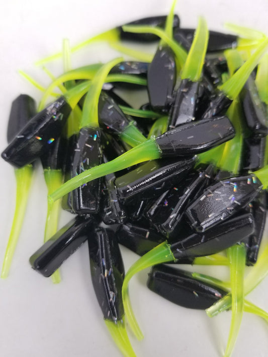Cam's 2"(HOLOGRAM FLAKE)  Stinger Shad 35pc Black & Chartreuse Crappie Soft Jigs [A Cam's Exclusive]