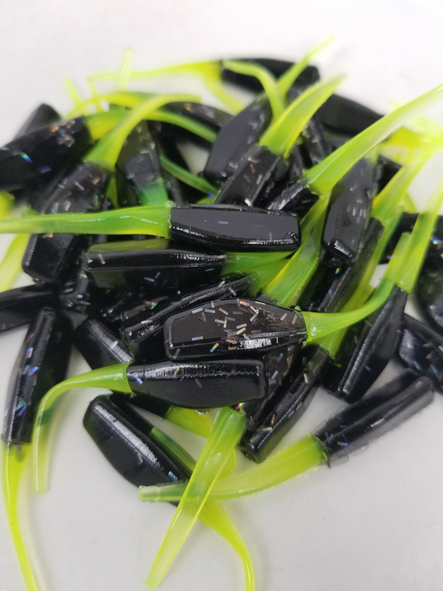 Cam's 2"(HOLOGRAM FLAKE)  Stinger Shad 35pc Black & Chartreuse Crappie Soft Jigs [A Cam's Exclusive]