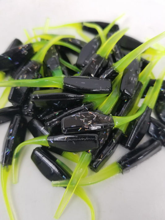 Cam's 2"(HOLOGRAM FLAKE)  Stinger Shad 35pc Black & Chartreuse Crappie Soft Jigs [A Cam's Exclusive]