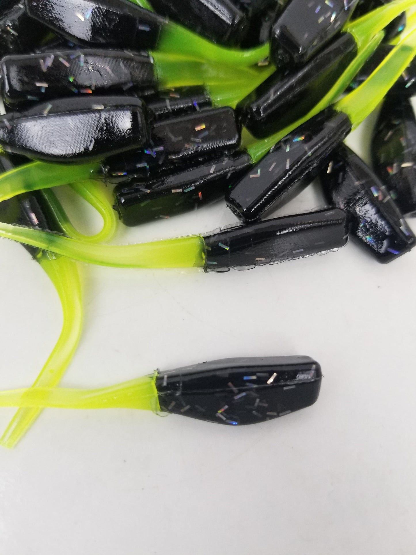 Cam's 2"(HOLOGRAM FLAKE)  Stinger Shad 35pc Black & Chartreuse Crappie Soft Jigs [A Cam's Exclusive]