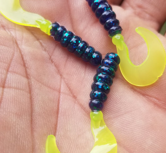 Cam's 2"(HOLOGRAM FLAKE)  Curly Tail Grub 35pc Blackberry Turquoise & Chartreuse Curly Tail Crappie Soft Jigs  [Cam's Exclusive]