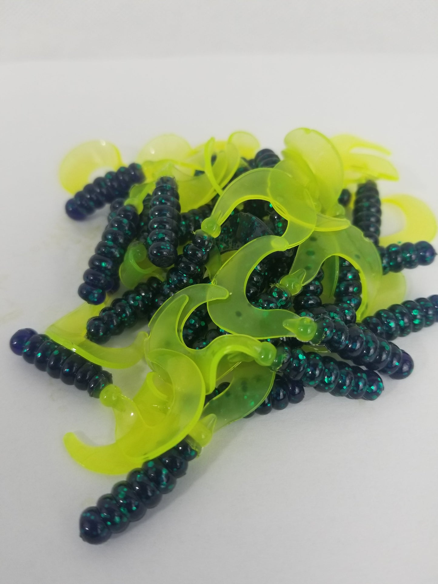Cam's 2"(HOLOGRAM FLAKE)  Curly Tail Grub 35pc Blackberry Turquoise & Chartreuse Curly Tail Crappie Soft Jigs  [Cam's Exclusive]