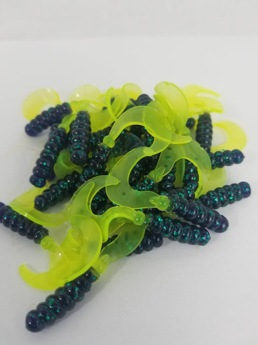 Cam's 2"(HOLOGRAM FLAKE)  Curly Tail Grub 35pc Blackberry Turquoise & Chartreuse Curly Tail Crappie Soft Jigs  [Cam's Exclusive]