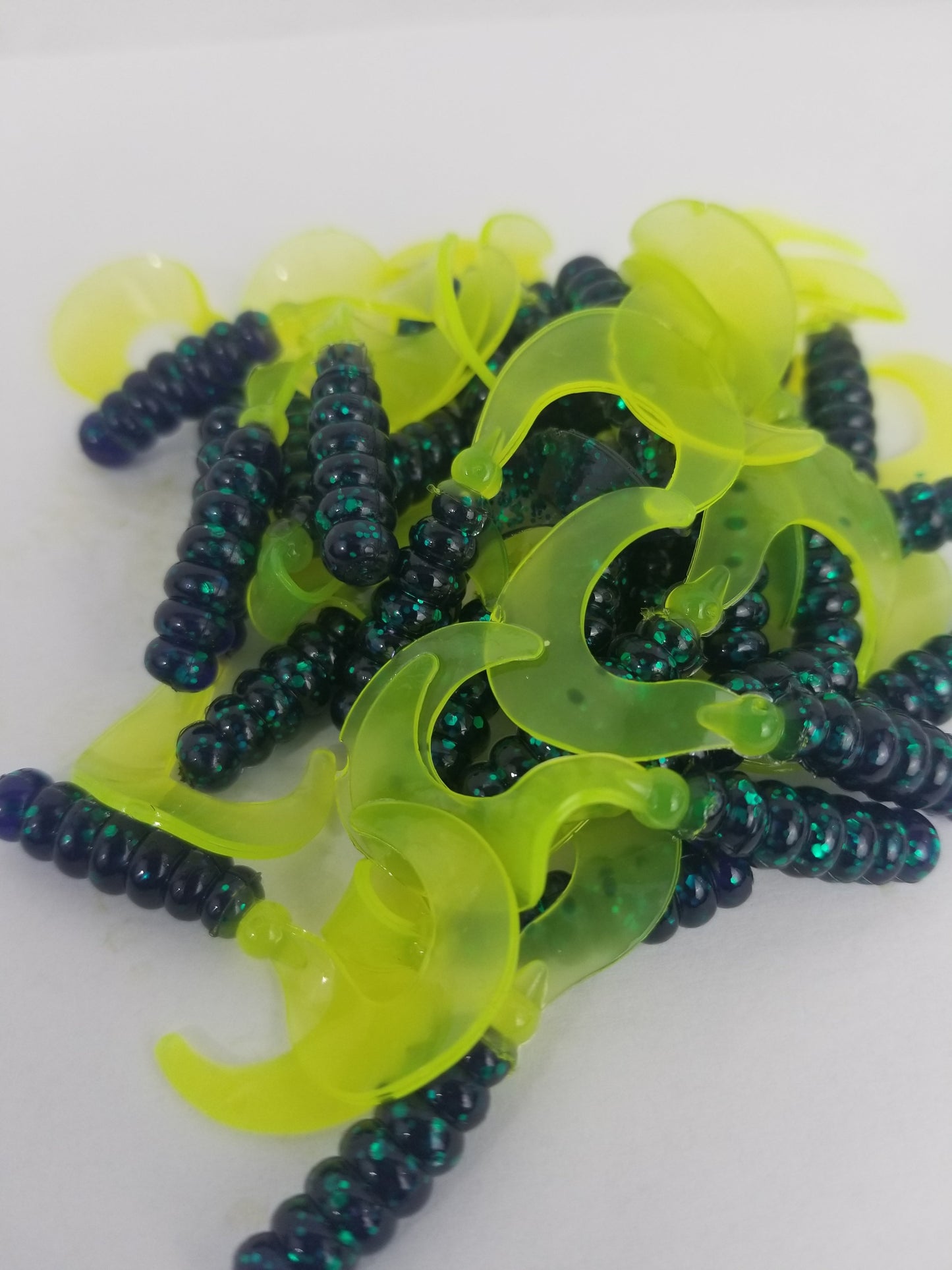 Cam's 2"(HOLOGRAM FLAKE)  Curly Tail Grub 35pc Blackberry Turquoise & Chartreuse Curly Tail Crappie Soft Jigs  [Cam's Exclusive]
