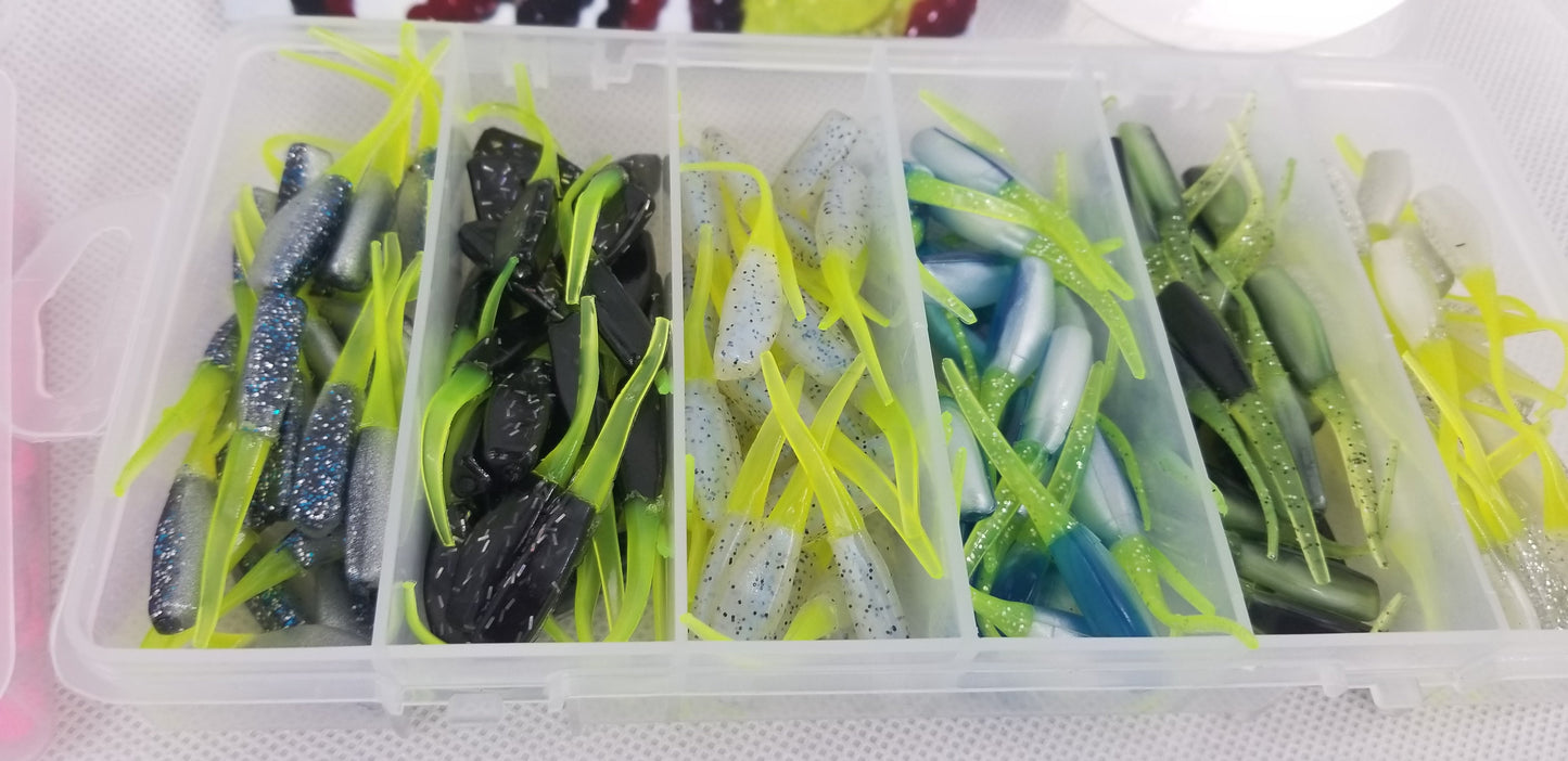 Cam's 3 in 1 Kit Combo [270pc.] Hand Painted Assortment "Nasty Bend Hooks" & All Plastic Curly Tail & Stinger Shad [Hologram Flake] Assortment Kit