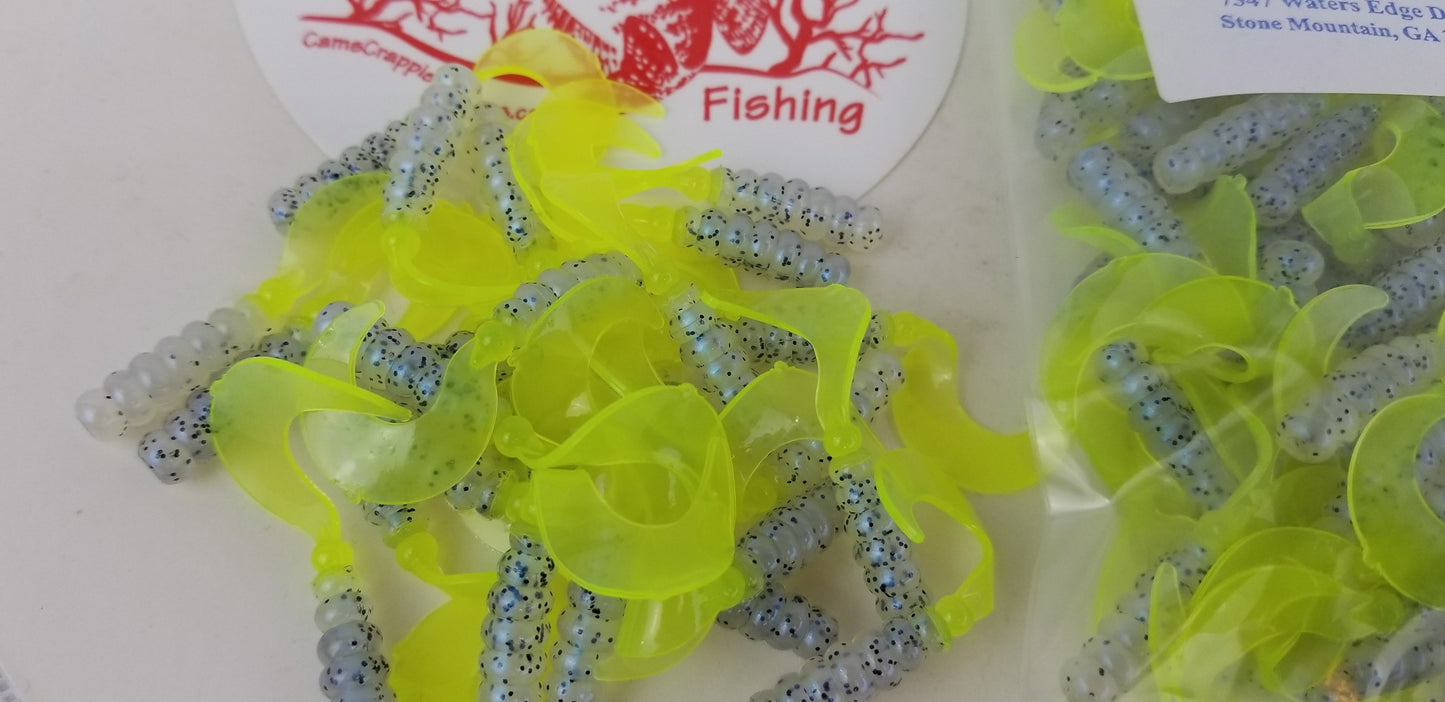 Cam's 2"(HOLOGRAM FLAKE)  CURLY TAIL 100pc MONKEY MILK & CHARTREUSE Crappie Soft Jigs [A Cam's Exclusive]