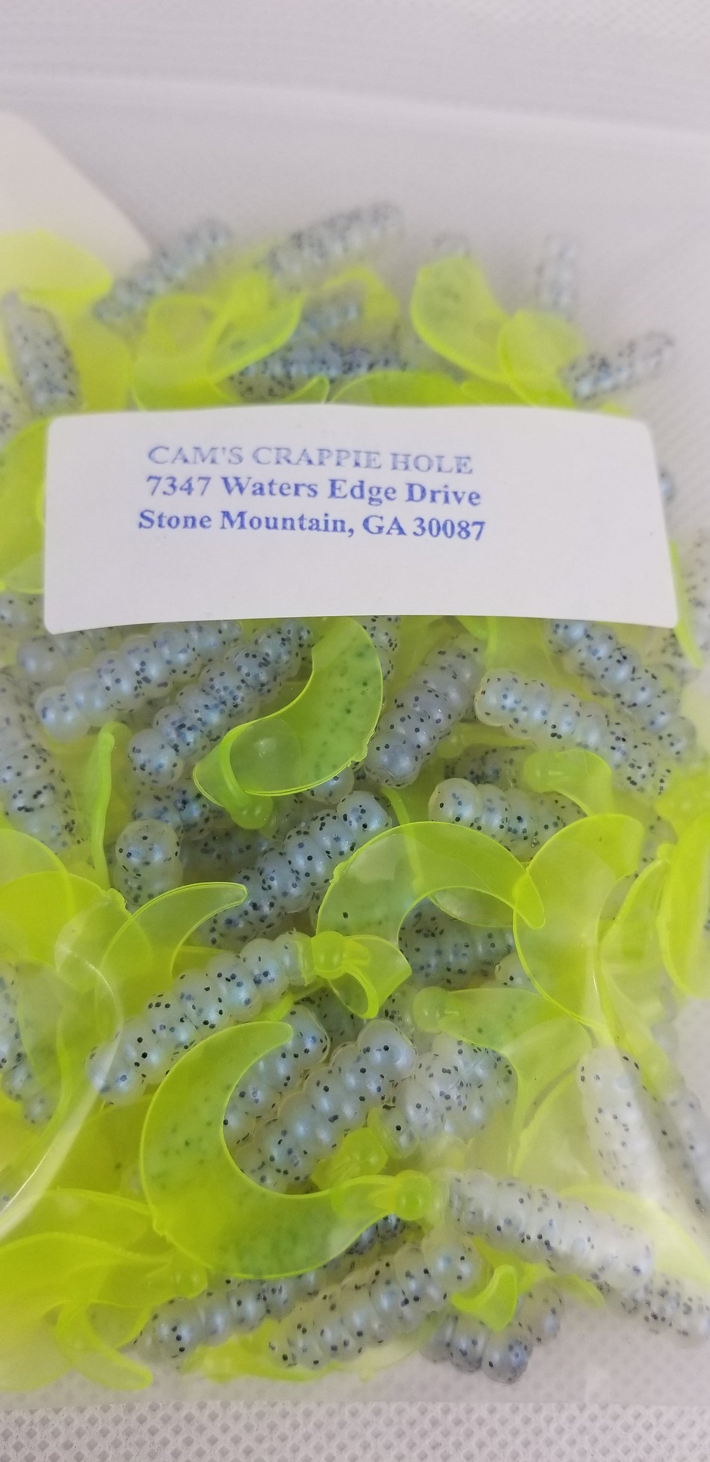 Cam's 2"(HOLOGRAM FLAKE)  CURLY TAIL 100pc MONKEY MILK & CHARTREUSE Crappie Soft Jigs [A Cam's Exclusive]