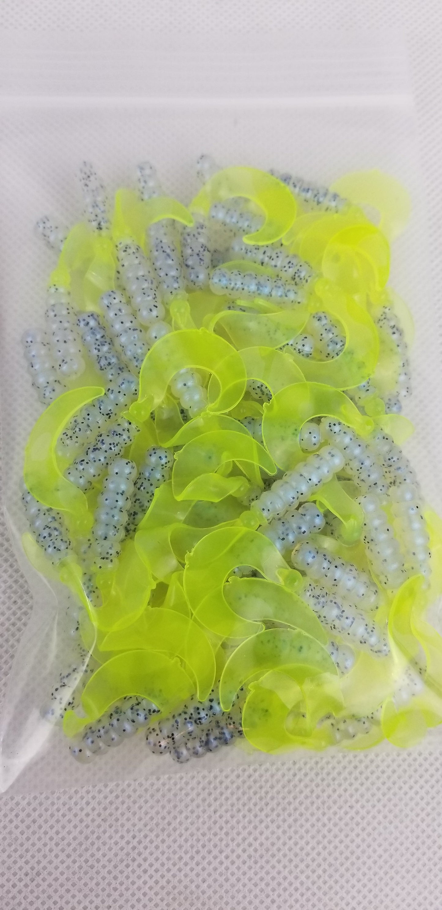Cam's 2"(HOLOGRAM FLAKE)  CURLY TAIL 100pc MONKEY MILK & CHARTREUSE Crappie Soft Jigs [A Cam's Exclusive]