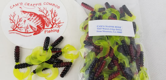 Cam's 2"(HOLOGRAM FLAKE)  CURLY TAIL 100pc RED BLACK & CHARTREUSE Crappie Soft Jigs [A Cam's Exclusive]