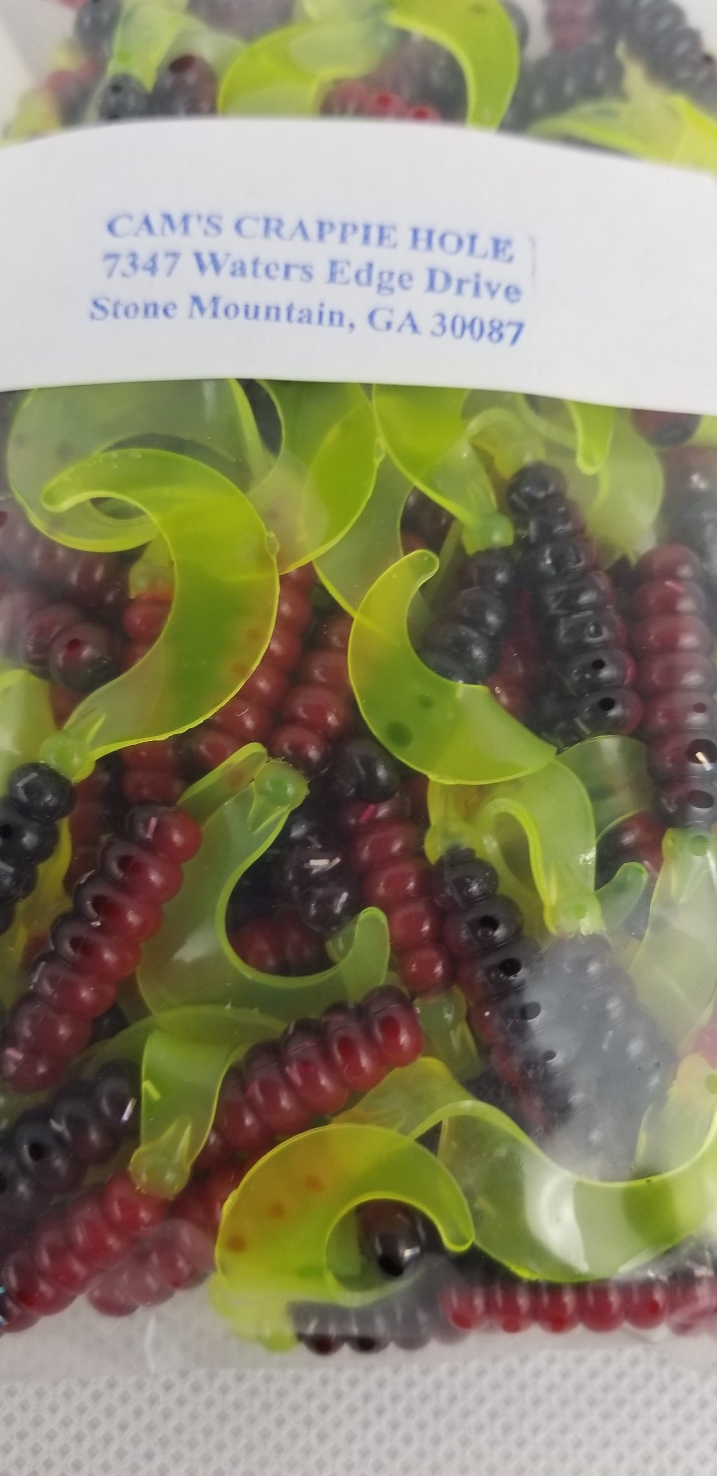 Cam's 2"(HOLOGRAM FLAKE)  CURLY TAIL 100pc RED BLACK & CHARTREUSE Crappie Soft Jigs [A Cam's Exclusive]