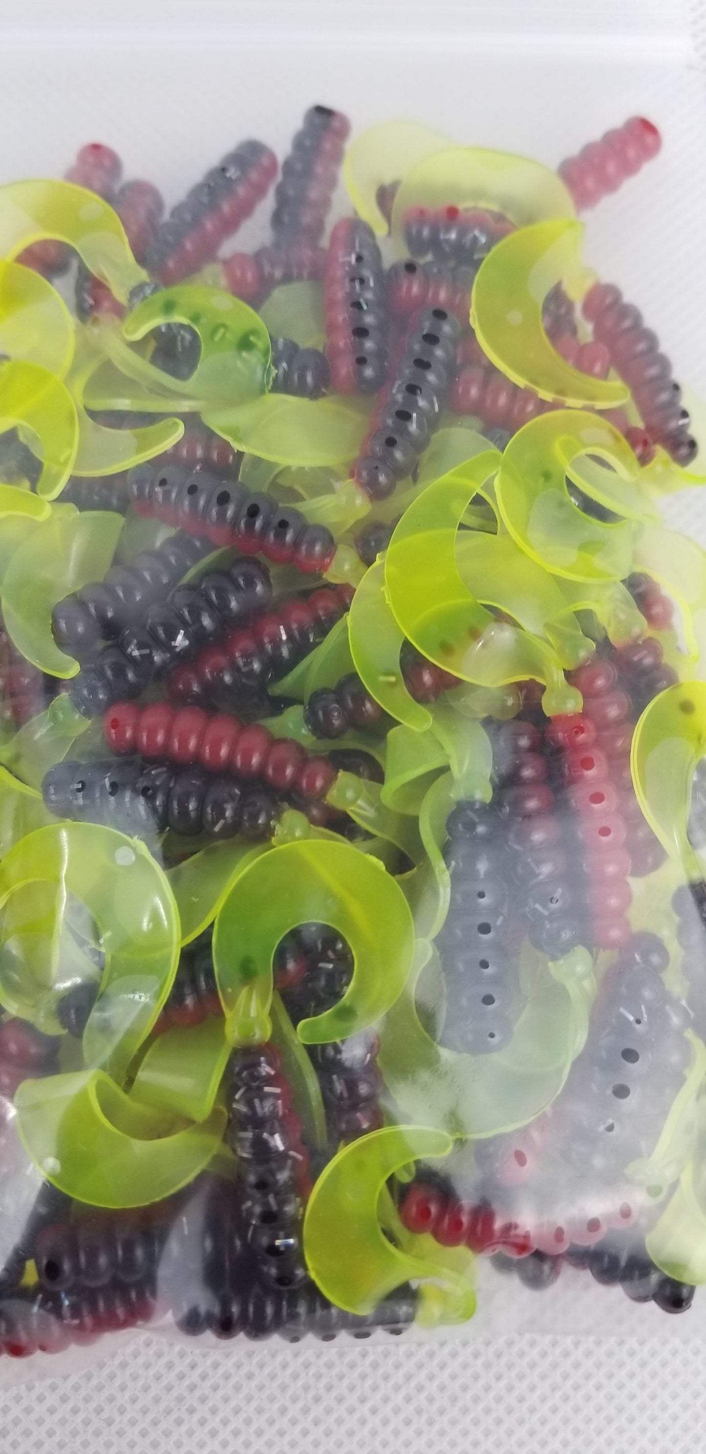 Cam's 2"(HOLOGRAM FLAKE)  CURLY TAIL 100pc RED BLACK & CHARTREUSE Crappie Soft Jigs [A Cam's Exclusive]
