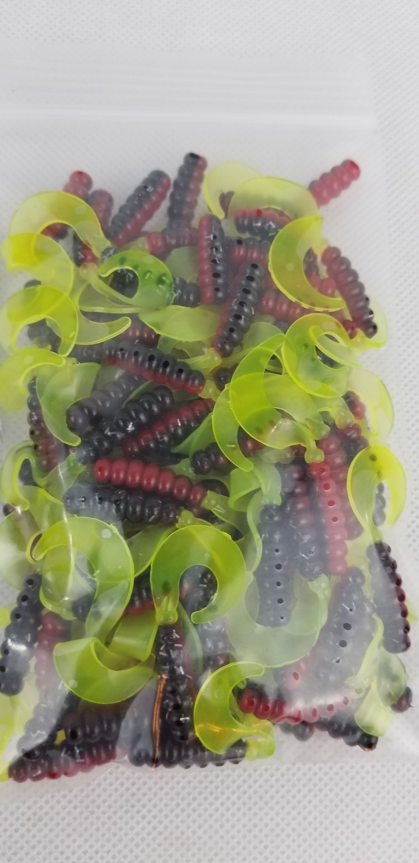 Cam's 2"(HOLOGRAM FLAKE)  CURLY TAIL 100pc RED BLACK & CHARTREUSE Crappie Soft Jigs [A Cam's Exclusive]
