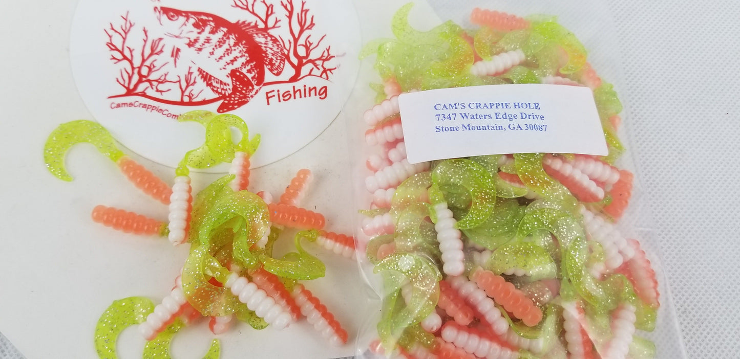 Cam's 2"(HOLOGRAM FLAKE)  CURLY TAIL 100pc ORANGE CRUSH Crappie Soft Jigs [A Cam's Exclusive]