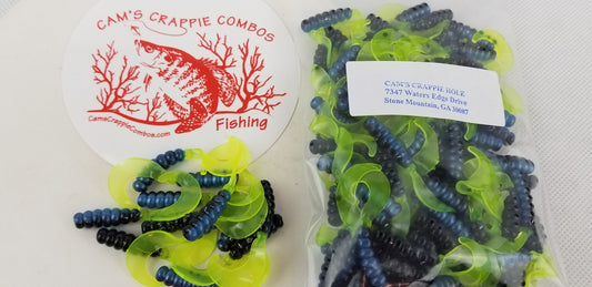 Cam's 2"(HOLOGRAM FLAKE)  CURLY TAIL 100pc BLUE BLACK & CHARTREUSE Crappie Soft Jigs [A Cam's Exclusive]