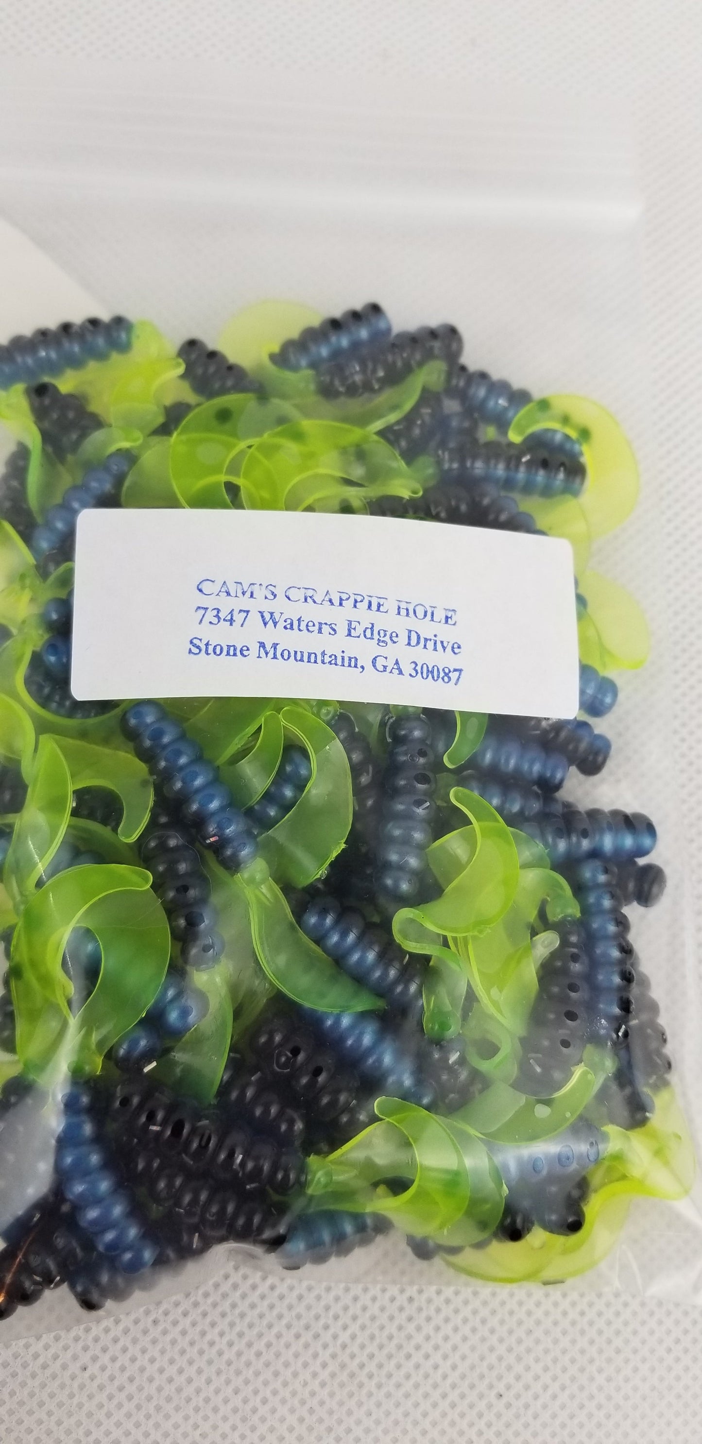 Cam's 2"(HOLOGRAM FLAKE)  CURLY TAIL 100pc BLUE BLACK & CHARTREUSE Crappie Soft Jigs [A Cam's Exclusive]