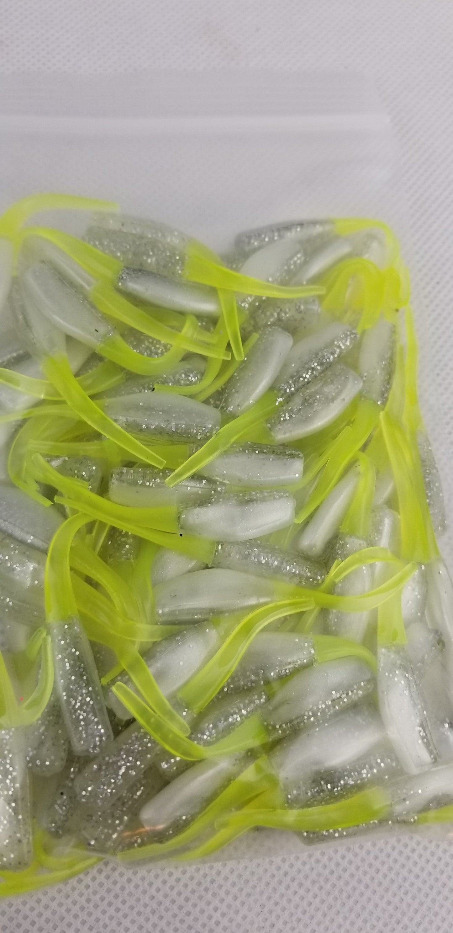 Cam's 2"(HOLOGRAM FLAKE)  Stinger Shad 100pc The White Knight Crappie Soft Jigs [A Cam's Exclusive]