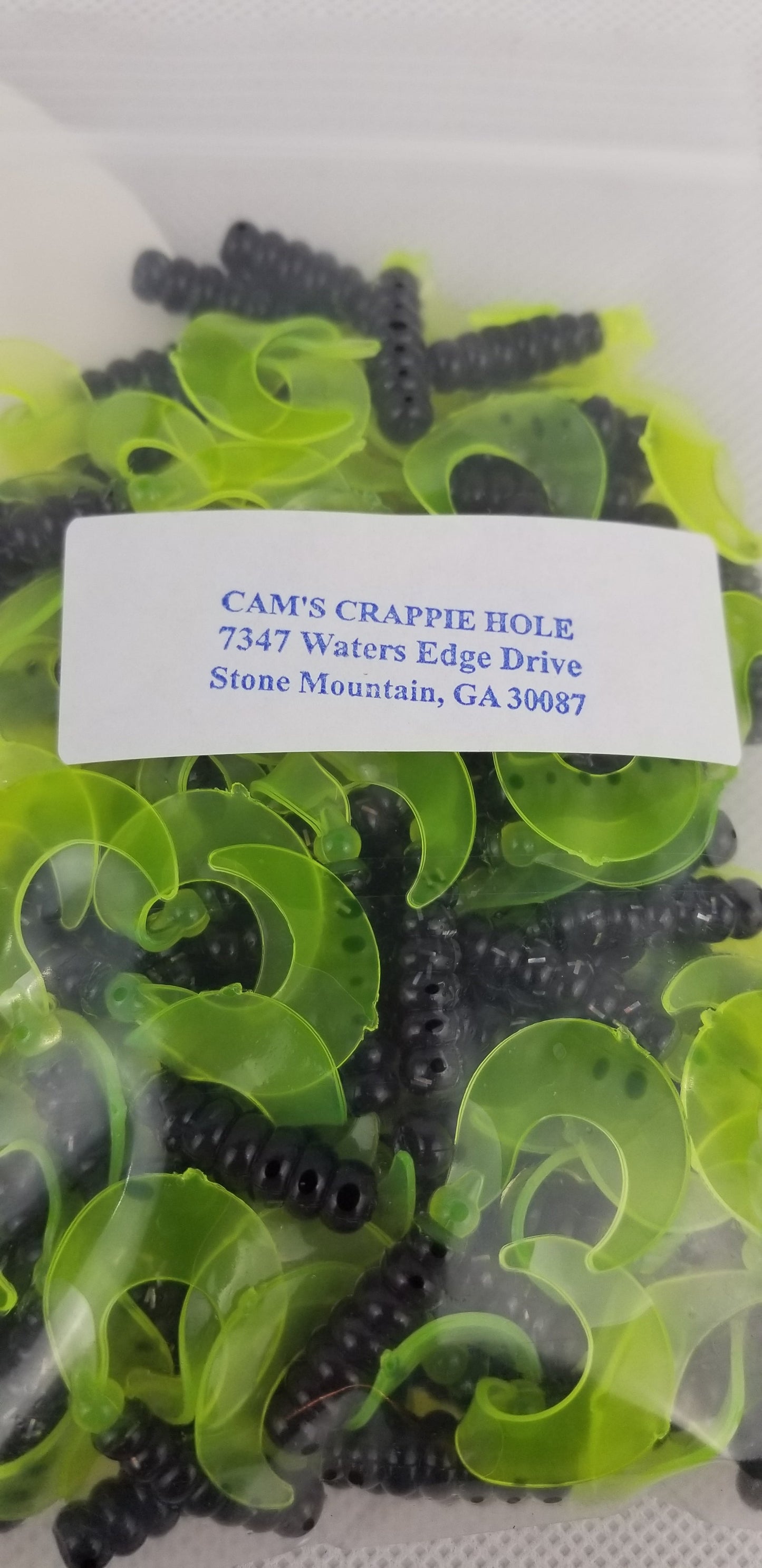 Cam's 2"(HOLOGRAM FLAKE)  CURLY TAIL 100pc BLACK & CHARTREUSE Crappie Soft Jigs [A Cam's Exclusive]