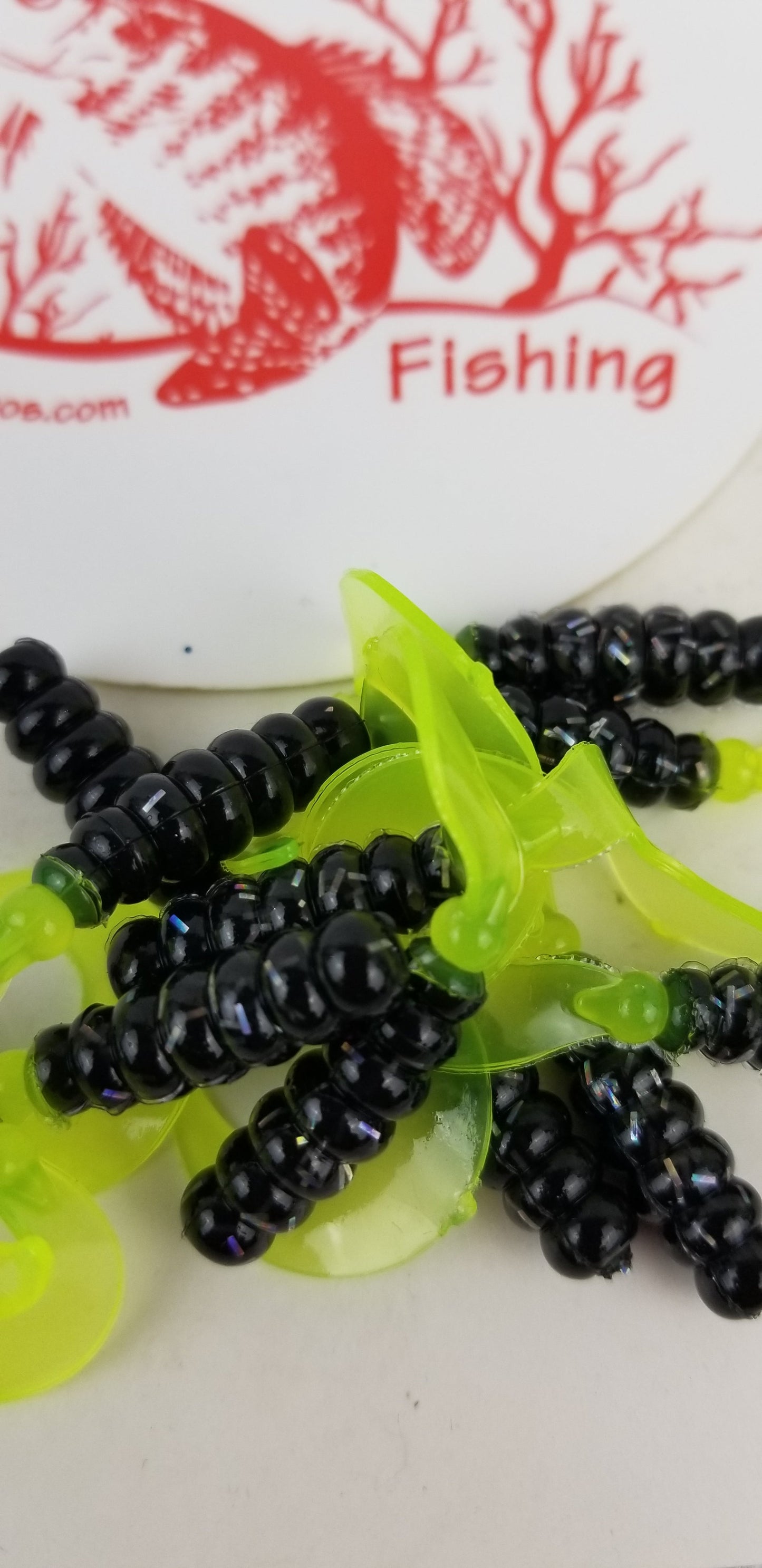 Cam's 2"(HOLOGRAM FLAKE)  CURLY TAIL 100pc BLACK & CHARTREUSE Crappie Soft Jigs [A Cam's Exclusive]