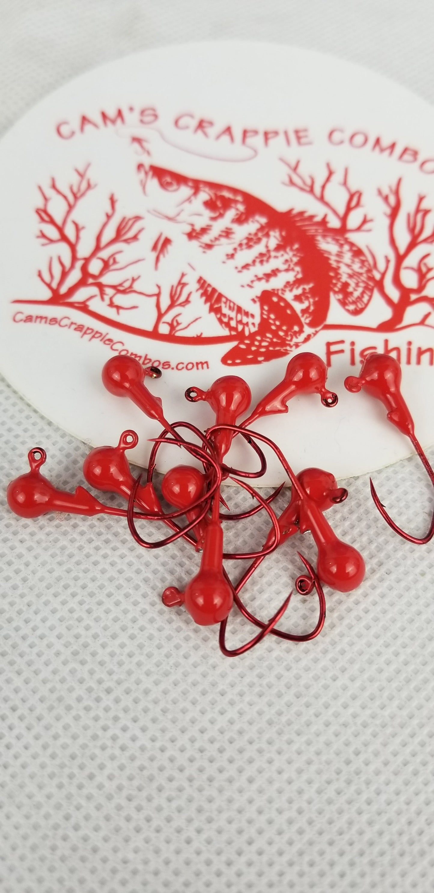 35 pk. 1/32 oz. Cam's "CANDY RED" Painted jigs with Collar and #2 Red Chrome "NASTY BEND HOOK"