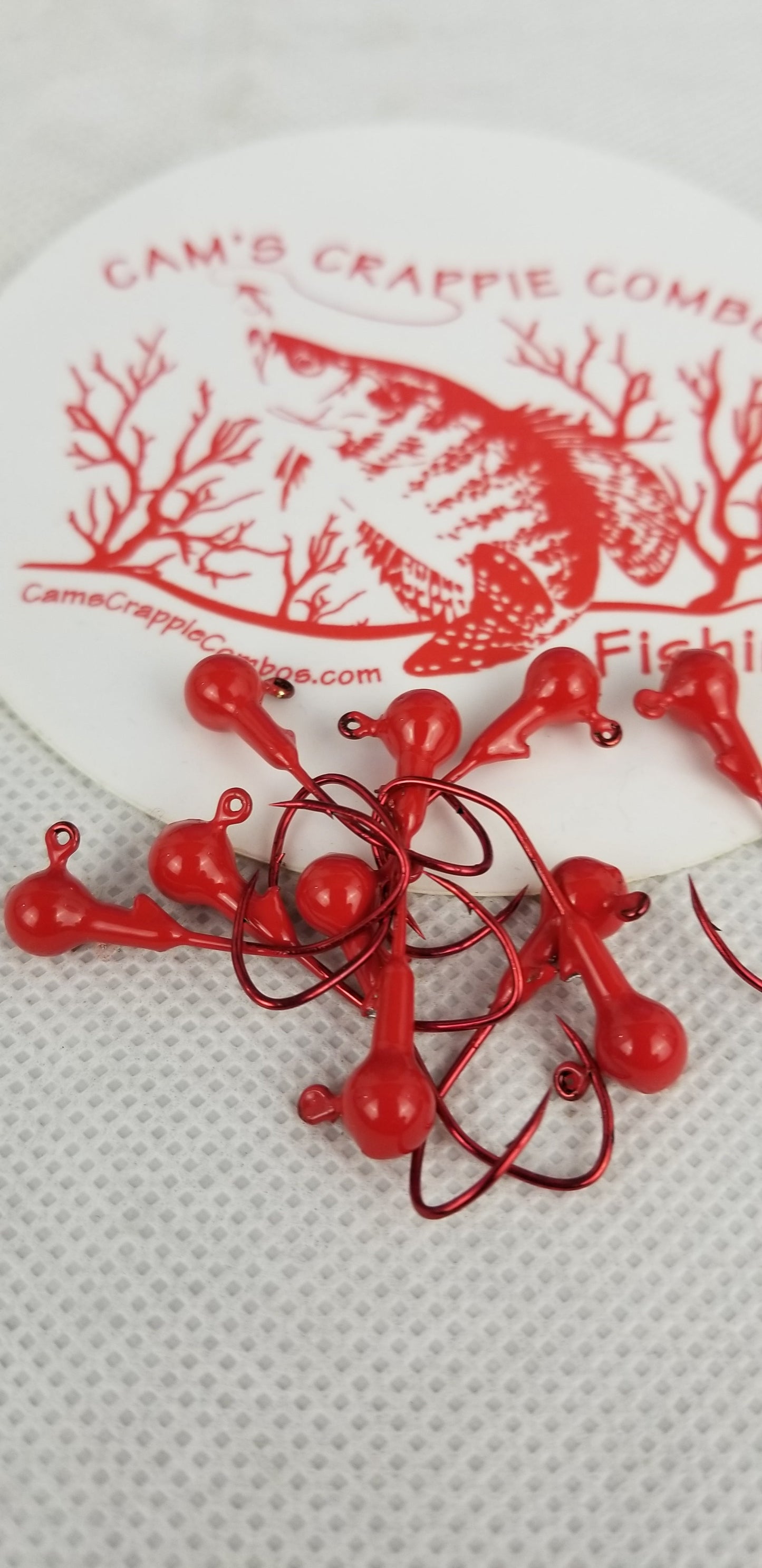 35 pk. 1/32 oz. Cam's "CANDY RED" Painted jigs with Collar and #2 Red Chrome "NASTY BEND HOOK"