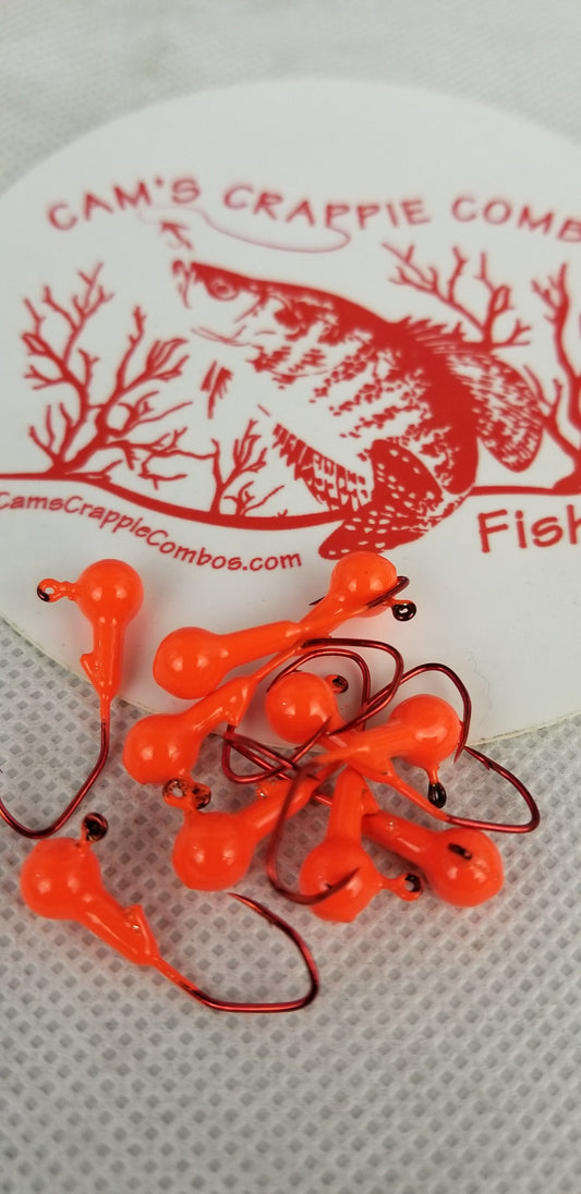 35 pk. 1/16 oz. Cam's "ORANGE" Painted jigs with Collar and #2 Red Chrome "NASTY BEND HOOK"