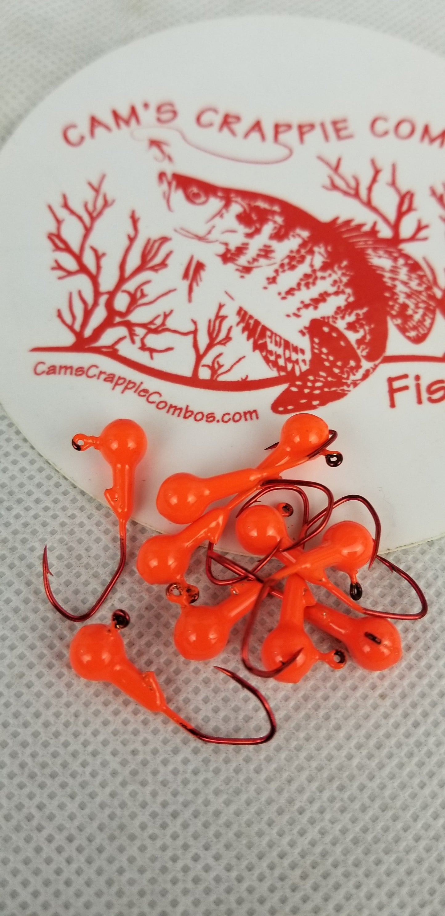 35 pk. 1/32 oz. Cam's "ORANGE" Painted jigs with Collar and #2 Red Chrome "NASTY BEND HOOK"