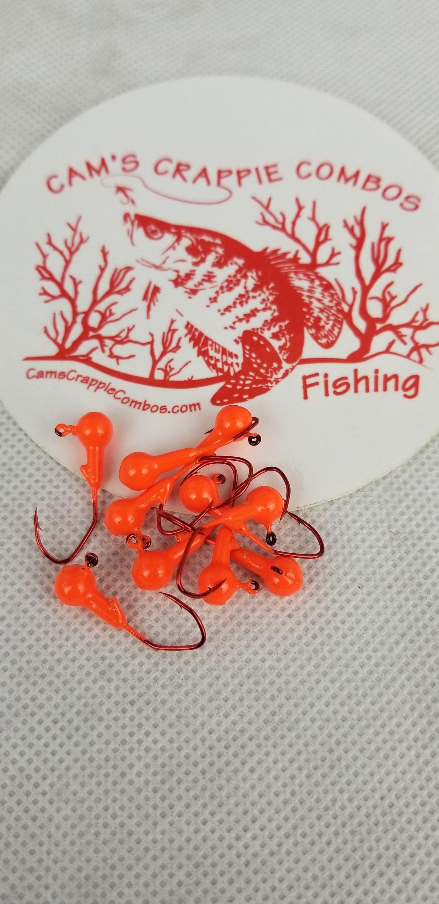 35 pk. 1/32 oz. Cam's "ORANGE" Painted jigs with Collar and #2 Red Chrome "NASTY BEND HOOK"