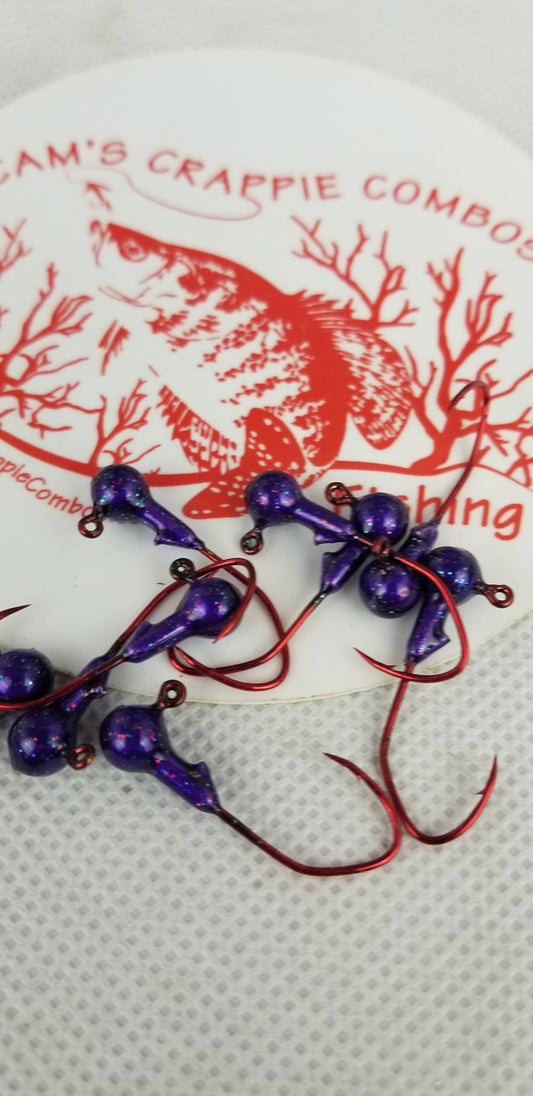 35 pk. 1/32 oz. Cam's "PURPLE PASSION" Painted jigs with Collar and #2 Red Chrome "NASTY BEND HOOK"