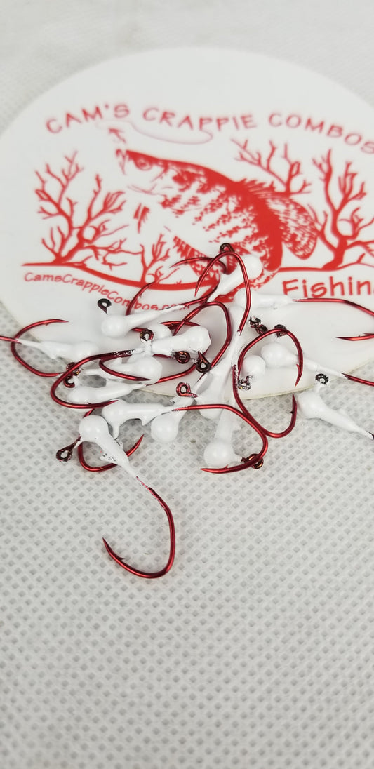 35 pk. 1/32 oz. Cam's "WHITE" Painted jigs with Collar and #2 Red Chrome "NASTY BEND HOOK"