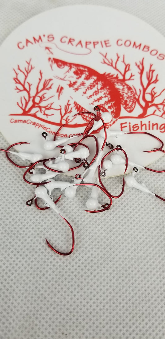 35 pk. 1/32 oz. Cam's "WHITE" Painted jigs with Collar and #2 Red Chrome "NASTY BEND HOOK"