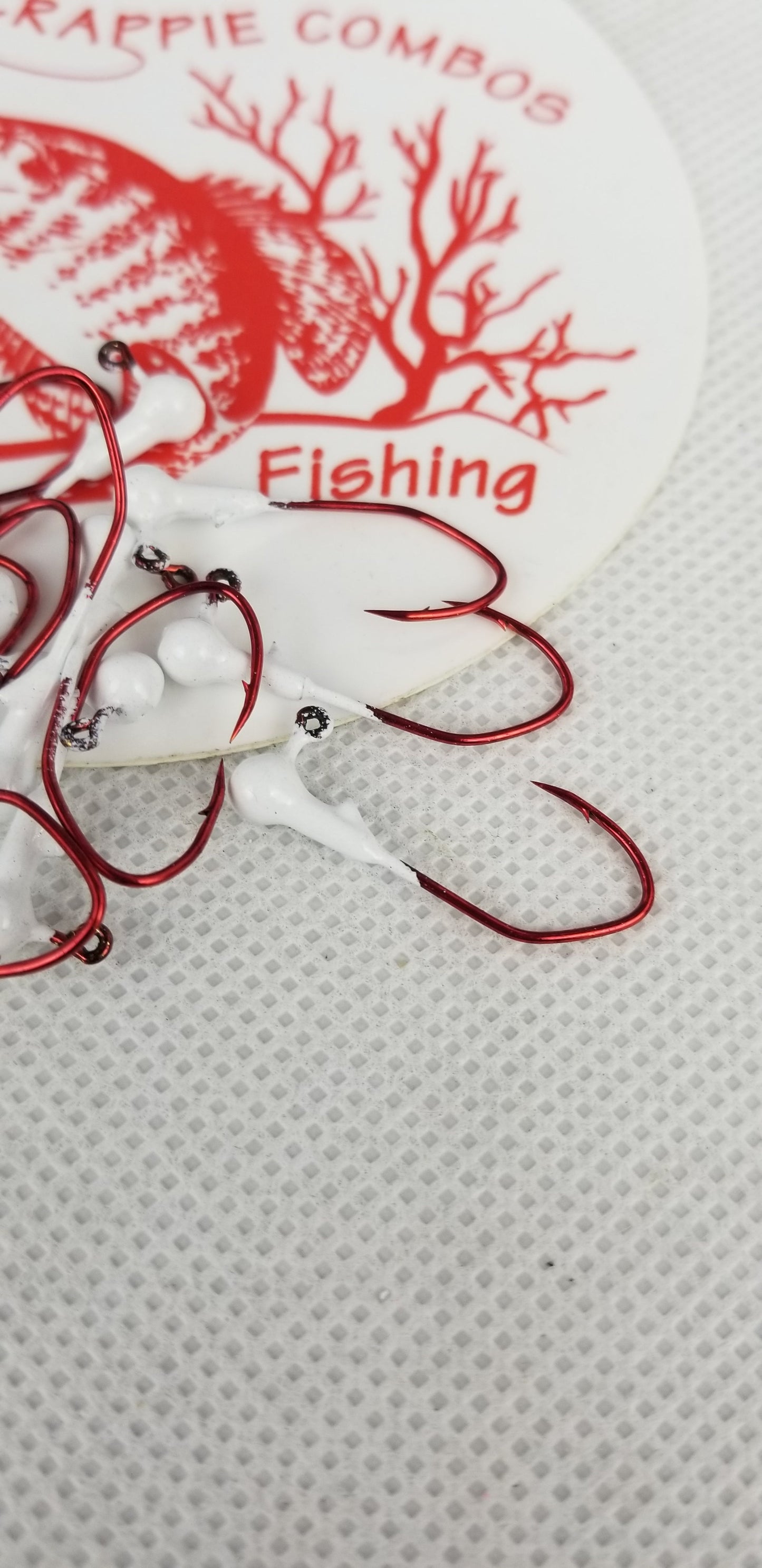 35 pk. 1/32 oz. Cam's "WHITE" Painted jigs with Collar and #2 Red Chrome "NASTY BEND HOOK"