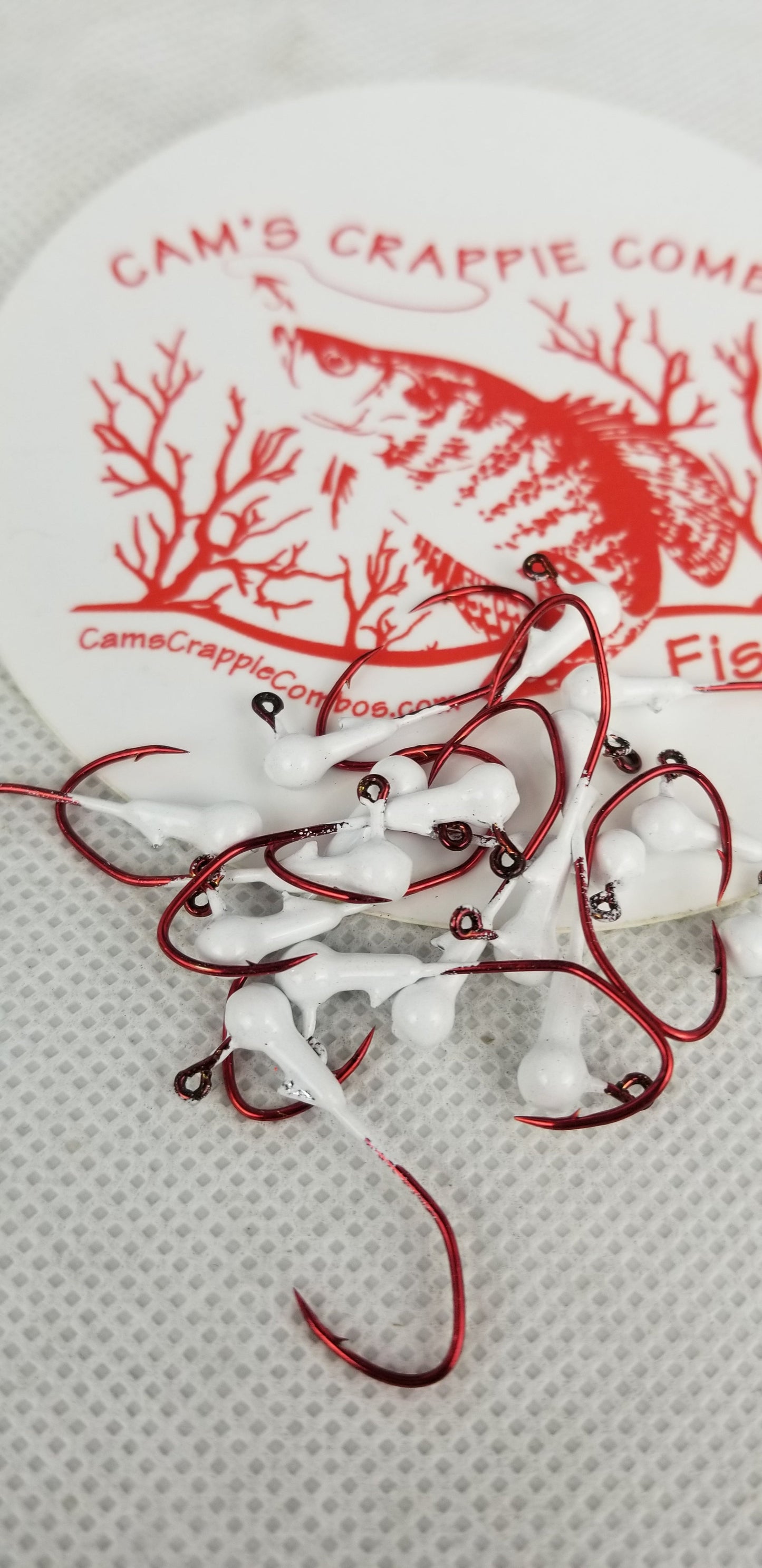 35 pk. 1/32 oz. Cam's "WHITE" Painted jigs with Collar and #2 Red Chrome "NASTY BEND HOOK"