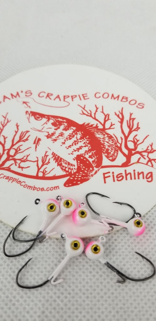 Cam's 20ct. Premium White & Pink (1/16 #4 Nasty Bend Hook) Holographic Life Like Double Paint Jig Head