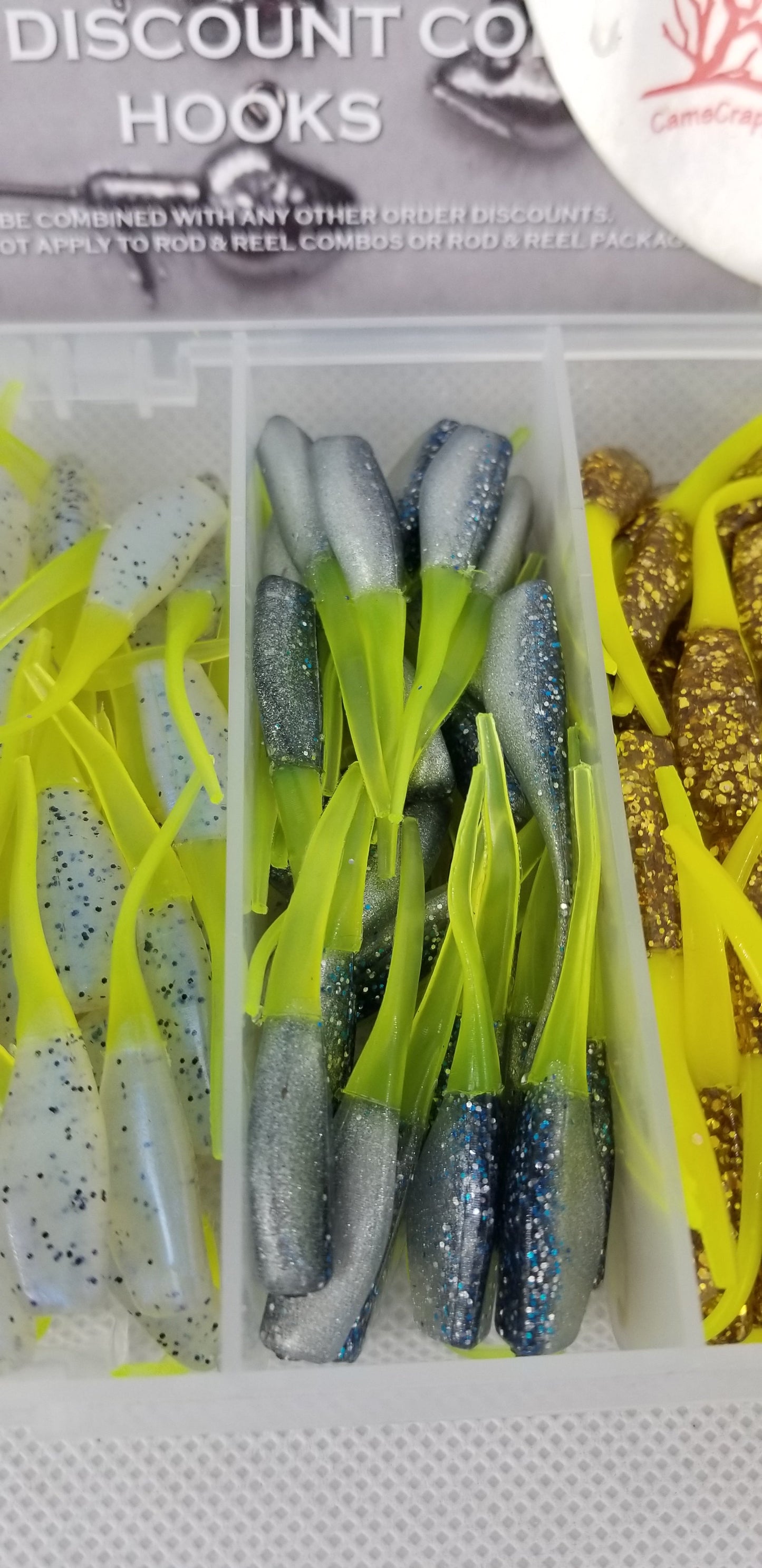 2025 New Cam's Complete Hooks & Plastics "GOLDFINGER" Stinger Shad Plastics [Hologram Flake] Assortment Package Kit