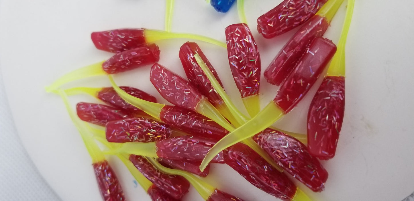 Cam's 2"(HOLOGRAM FLAKE) FIREBALL RED/ FIREBALL BLUE 100pc (SPLIT SET) Stinger Shad Crappie Soft Jigs  [A Cam's Exclusive]