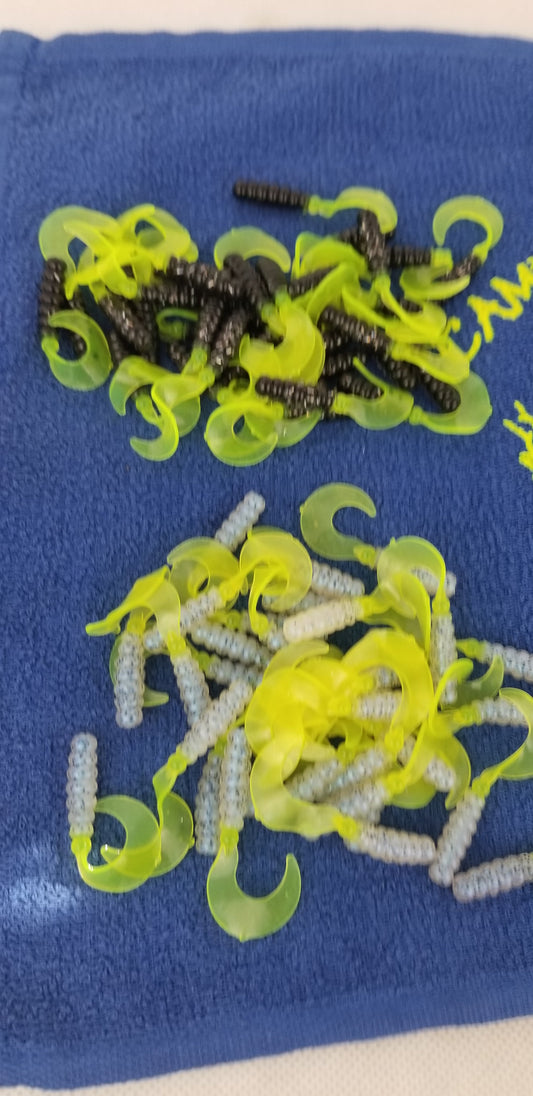 Cam's 2"(HOLOGRAM FLAKE) RED BLACK & CHARTREUSE/MONKEY MILK & CHARTREUSE 100pc (SPLIT SET) Curly Tail Crappie Soft Jigs [A Cam's Exclusive]