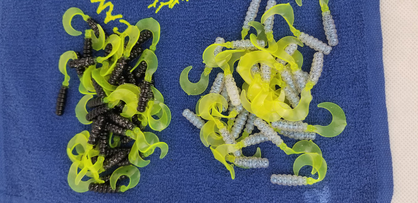 Cam's 2"(HOLOGRAM FLAKE) RED BLACK & CHARTREUSE/MONKEY MILK & CHARTREUSE 100pc (SPLIT SET) Curly Tail Crappie Soft Jigs [A Cam's Exclusive]