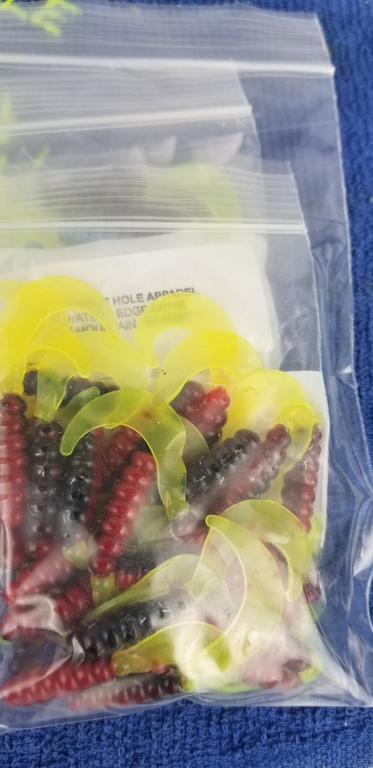 Cam's 2"(HOLOGRAM FLAKE) RED BLACK & CHARTREUSE/MONKEY MILK & CHARTREUSE 100pc (SPLIT SET) Curly Tail Crappie Soft Jigs [A Cam's Exclusive]