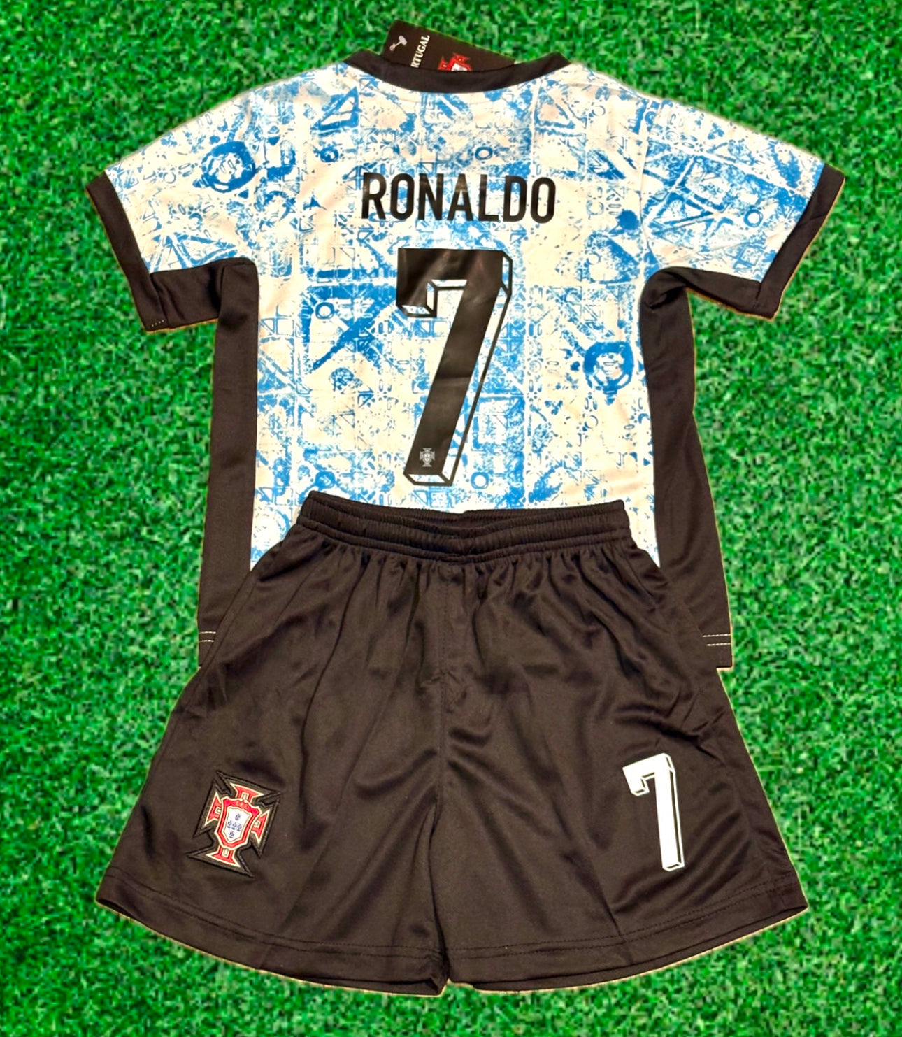 Ronaldo Portugal Away Blue Kids Soccer Jersey Kit 2 Piece Set