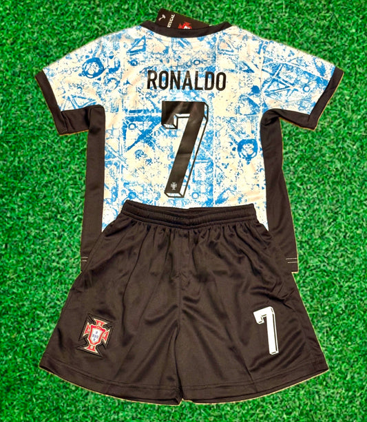 Ronaldo Portugal Away Blue Kids Soccer Jersey Kit 2 Piece Set