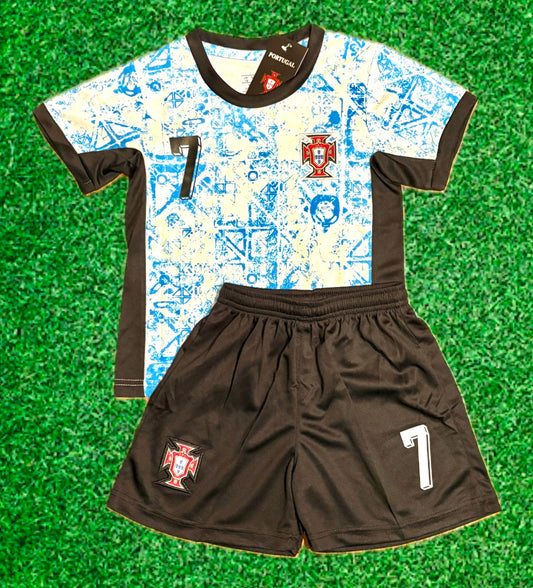 Ronaldo Portugal Away Blue Kids Soccer Jersey Kit 2 Piece Set