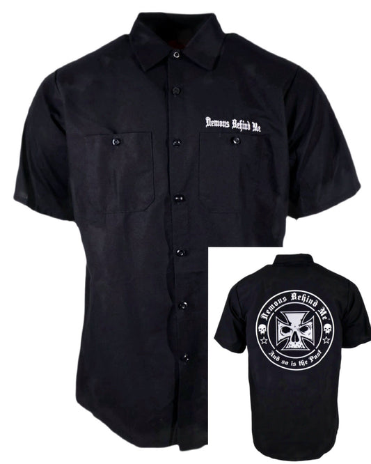 Closeout- Embroidered Shop Shirt - Men's Short Sleeve Black - White Cross