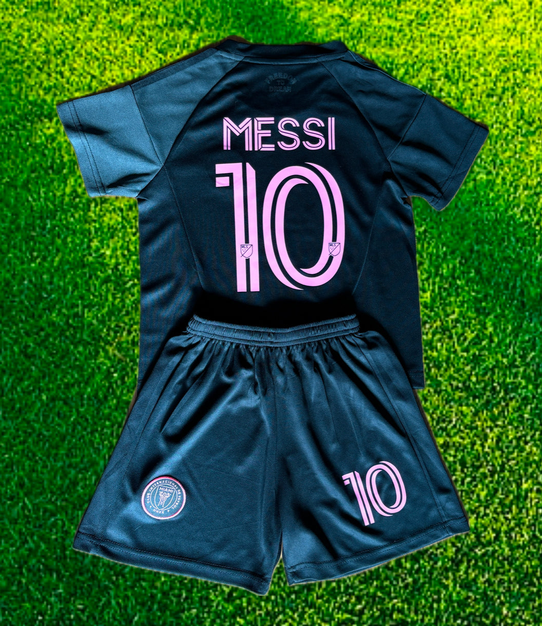 Lionel Messi Black Miami 2025 Kids Soccer Jersey Set Football