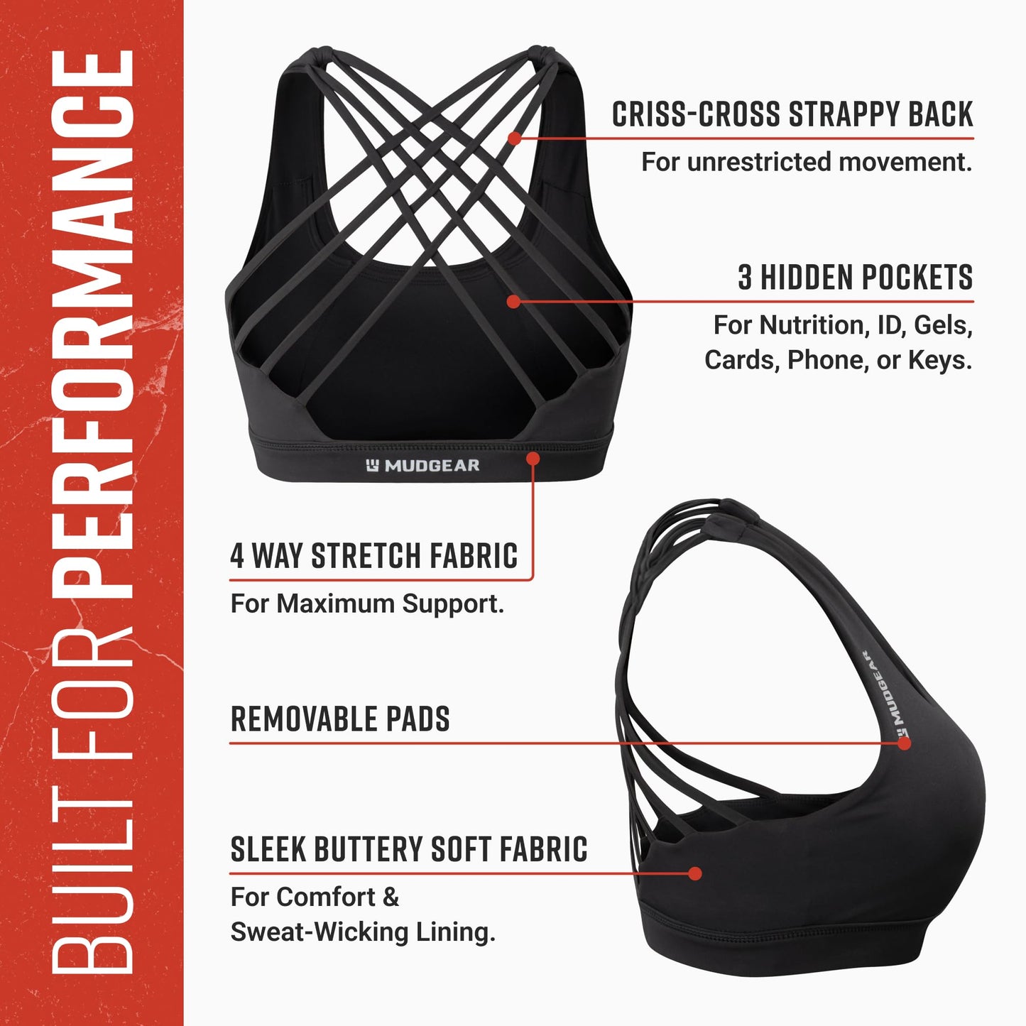 Women's Performance Sports Bra with Pockets - Black