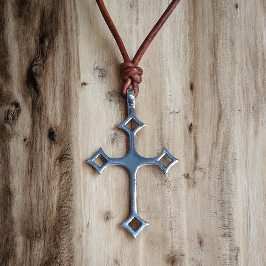 Gothic Medieval Cross Necklace - Sterling Silver on Leather Cord