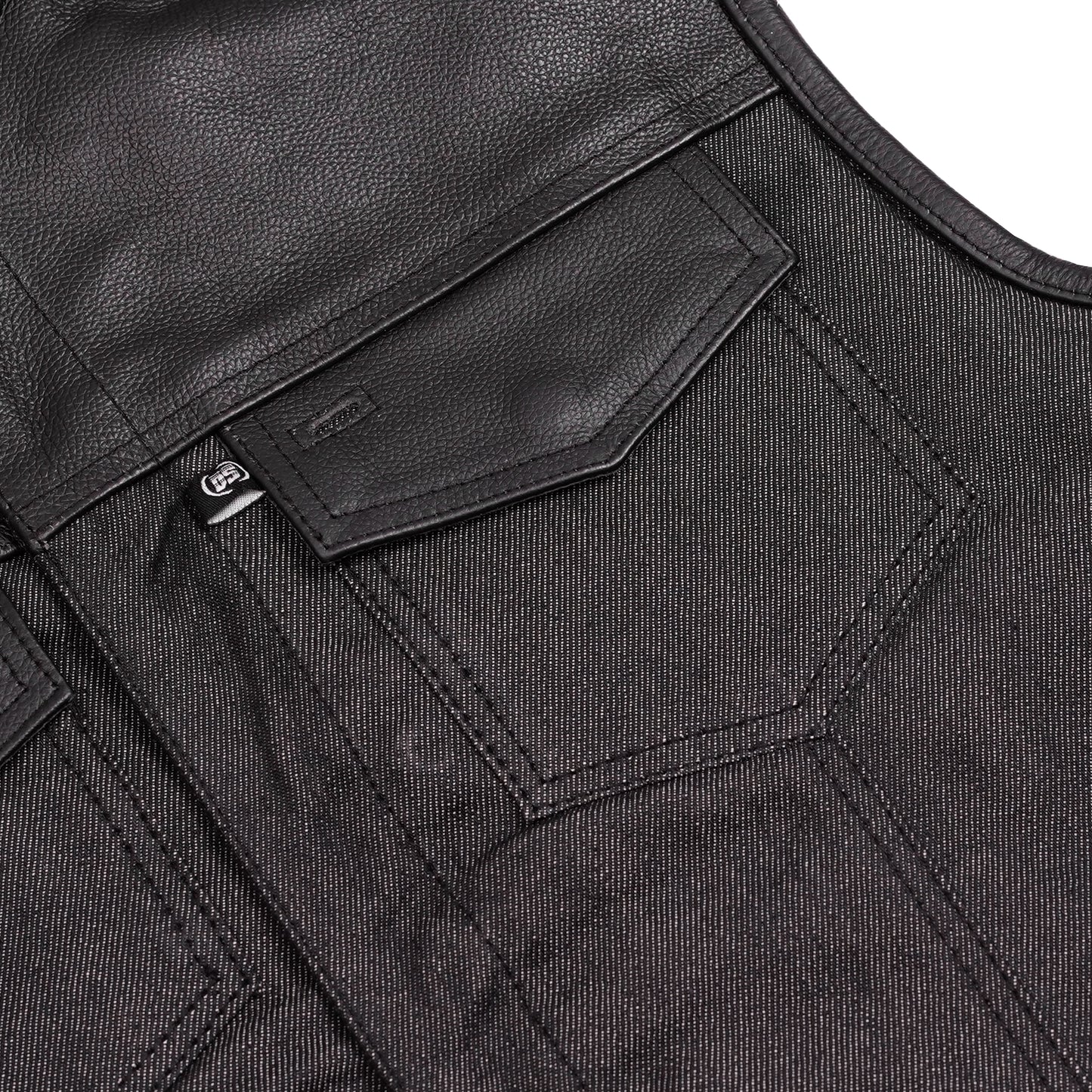 Men's Leather-Denim Combo Motorcycle  Vest - No Collar
