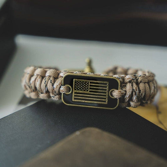 The Hero Company- Desert Camo Paracord Bronze Flag Bracelet - Helps Pair Veterans With A Service Dog Or Shelter Dog