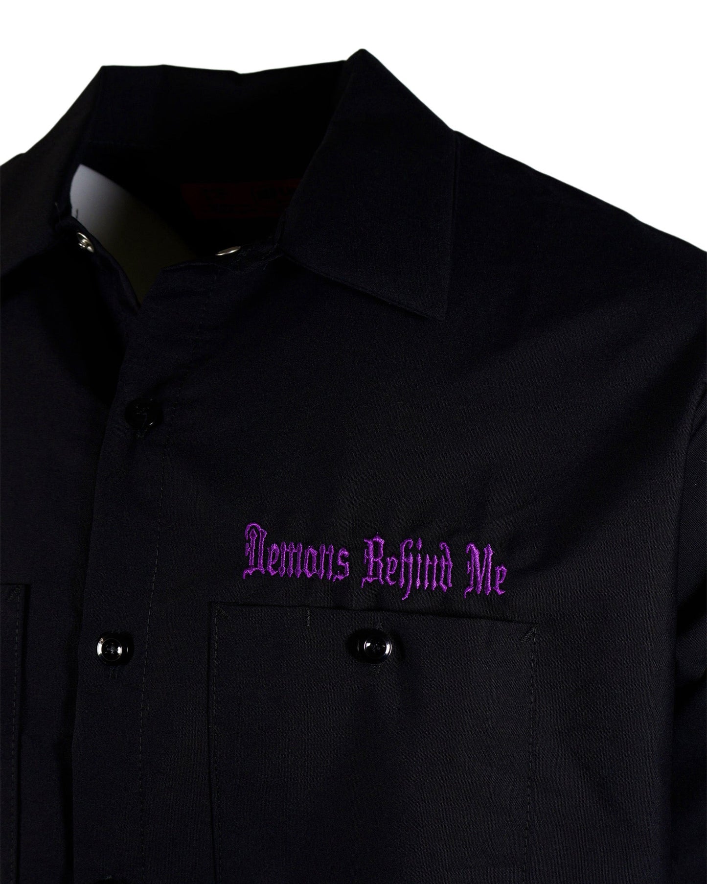 Closeout - Men's Long Sleeve Black Embroidered Shop Shirt - Purple Logo